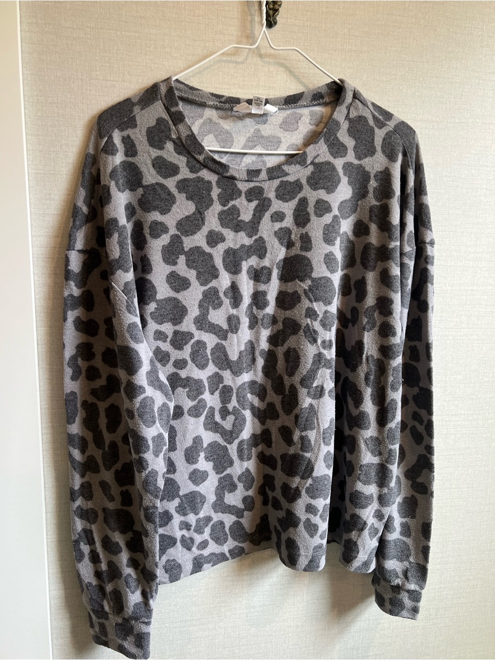 Time and Tru Gray Leopard-Print Crewneck Sweater